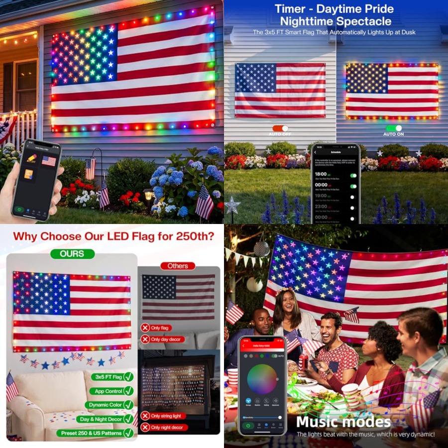 Up Lighting Decor - Drapeau américain lumineux intelligent 3x5 pieds,